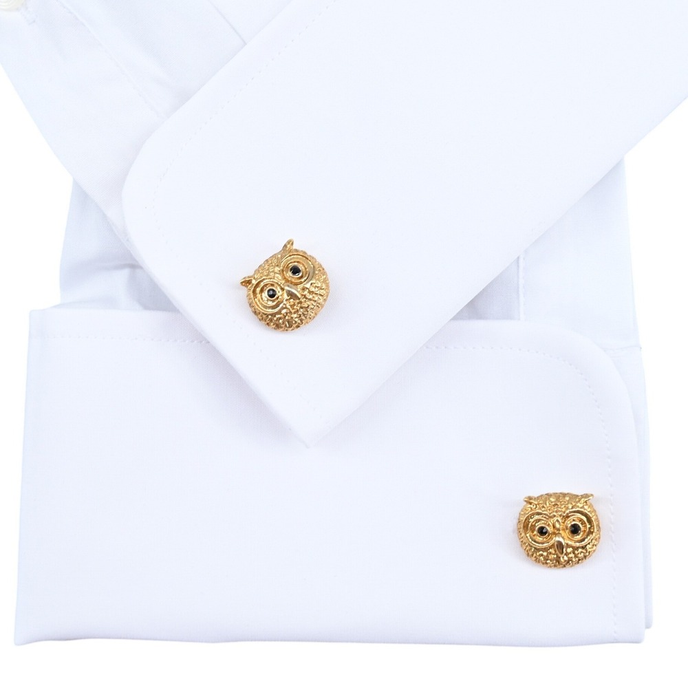 Vintage‎ Gold Owl Cufflinks Black Rhinestone Eyes Excellent Whimsical Retro 60s